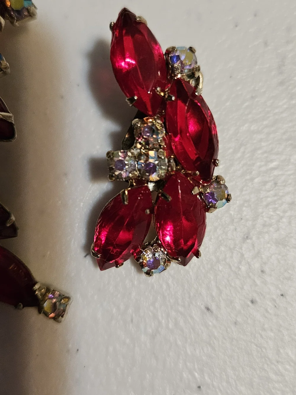 Vintage Red Marquise Aurora Brooch and Clip-On Earrings Set.